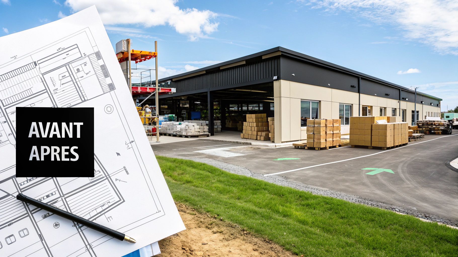 Plans architecturaux et un stylo en premier plan, avec un bâtiment commercial moderne et des matériaux de construction en arrière-plan, affichant "AVANT APRES".