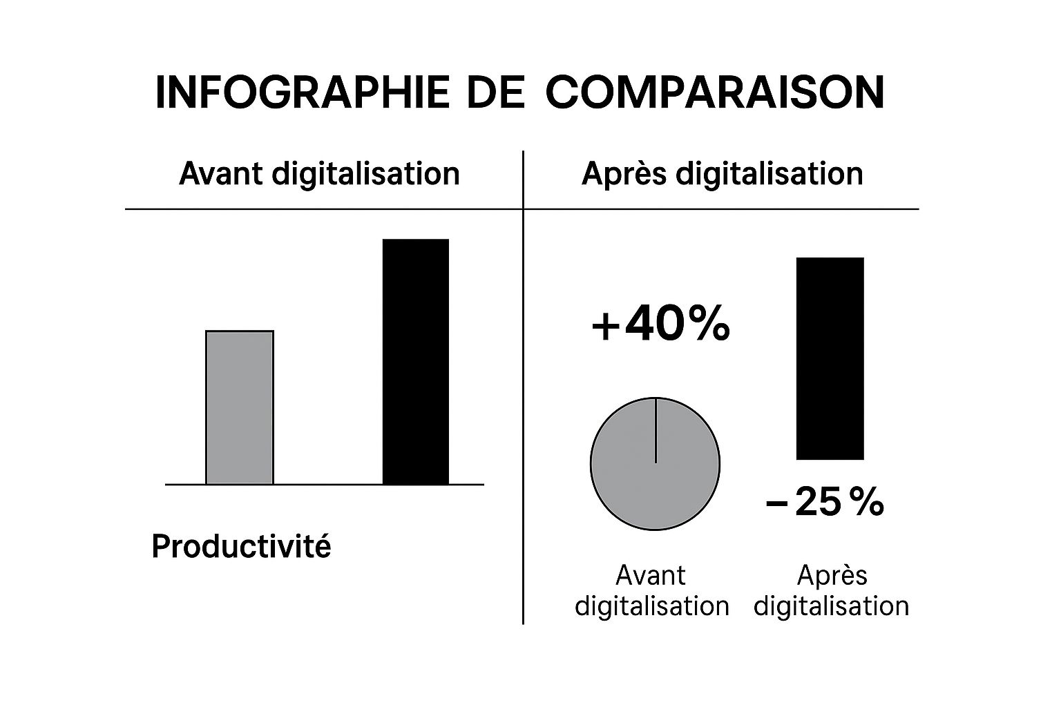Infographie comparant l'impact de la digitalisation sur la productivité (+40 %) et les coûts opérationnels (-25 %)