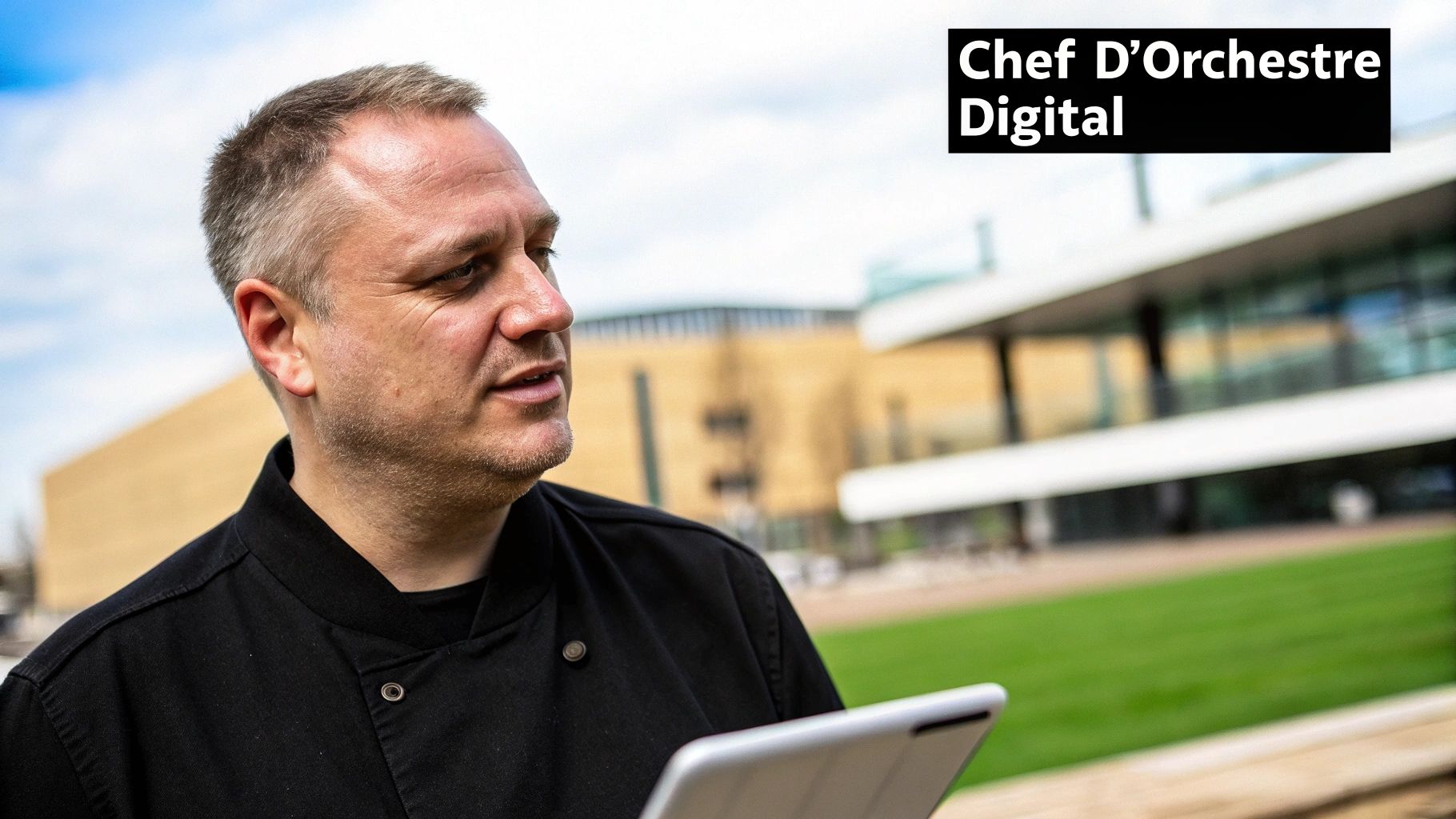 Un homme en veste noire tenant une tablette, regardant vers la droite, avec un arrière-plan flou de bâtiments modernes. Chef D'Orchestre Digital.