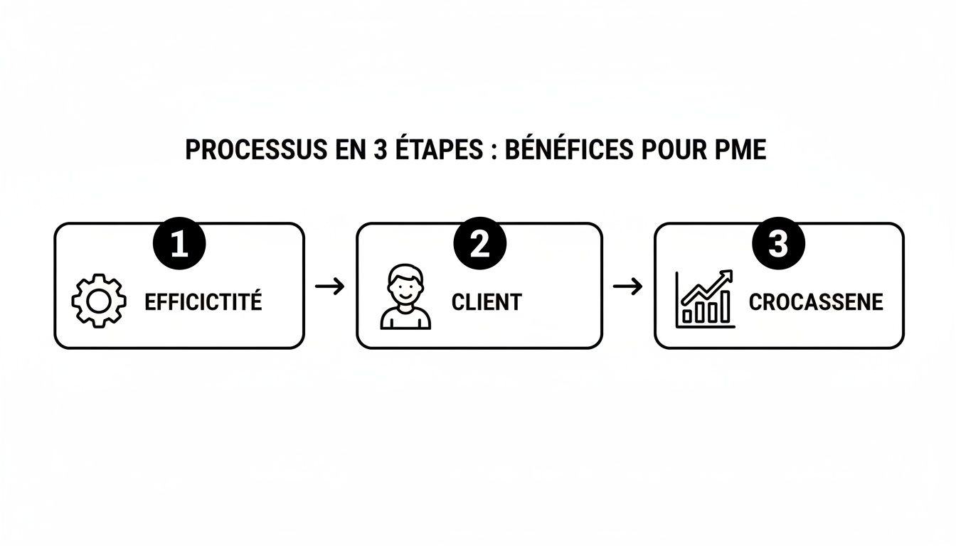 Diagramme simple illustrant un processus en 3 étapes pour PME : efficacité, client et croissance.