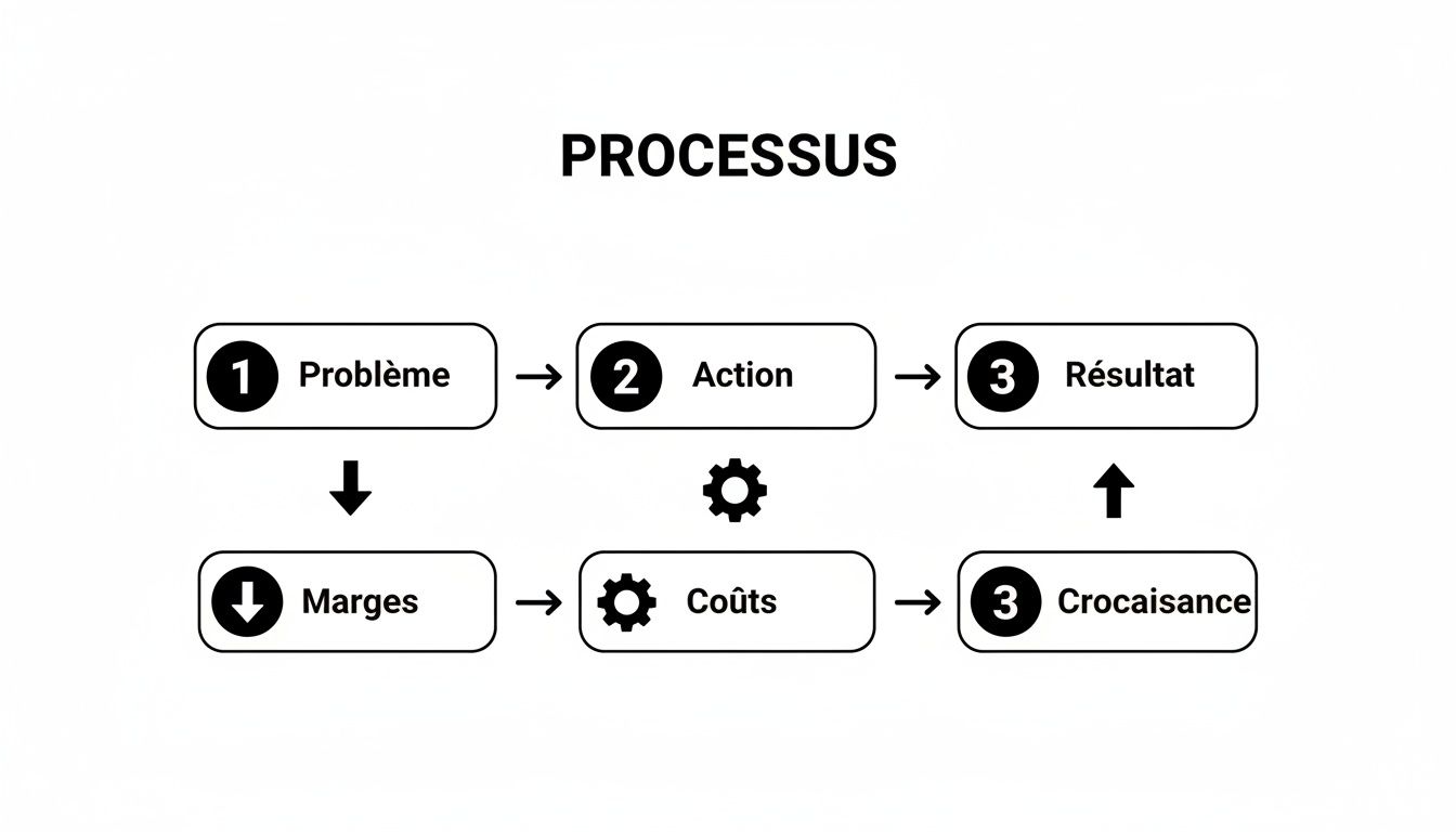 Diagramme de processus illustrant la résolution de problèmes, l'action, les résultats, et leur impact sur les marges, les coûts et la croissance.