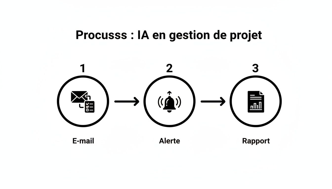 Diagramme simple illustrant un processus en trois étapes pour l'IA en gestion de projet : E-mail, Alerte, Rapport.