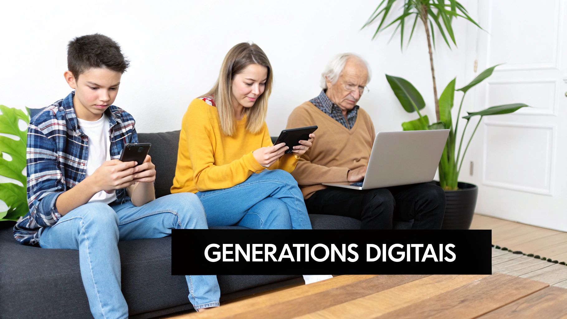 Trois personnes de différentes générations utilisent des appareils numériques sur un canapé, illustrant les générations numériques.