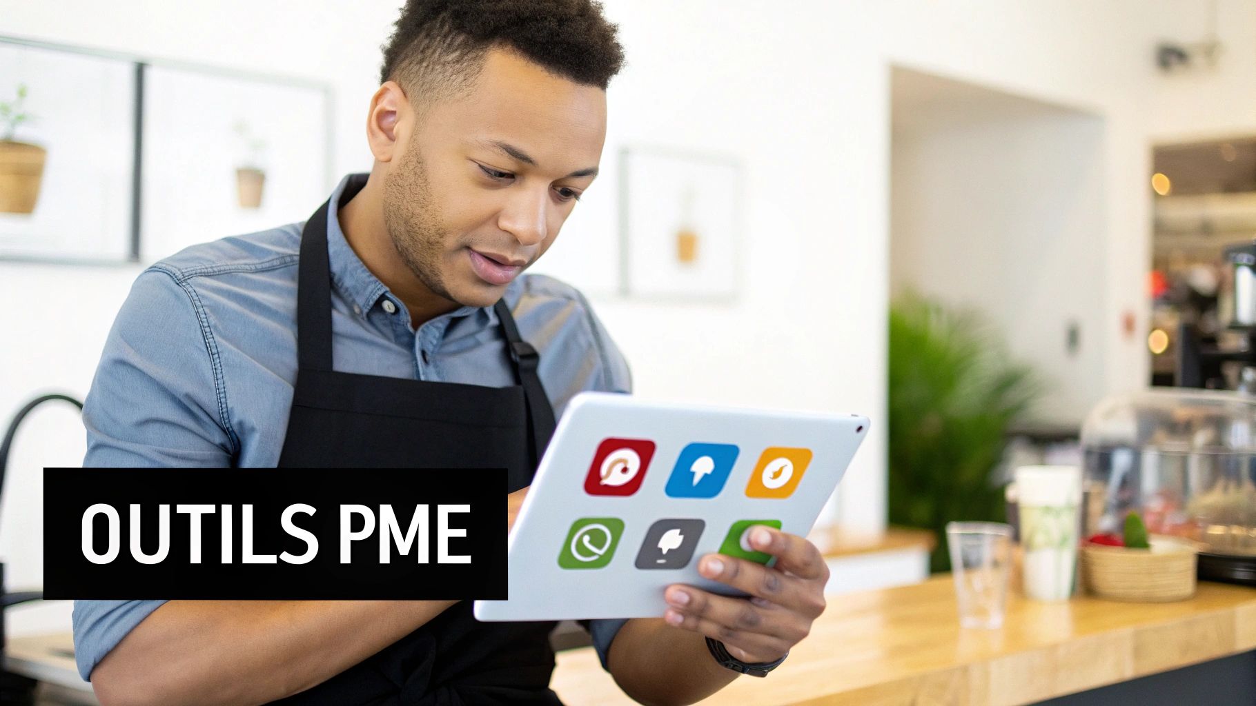 Un homme en tablier consulte une tablette affichant des icônes d'applications, symbolisant les outils numériques pour les PME.