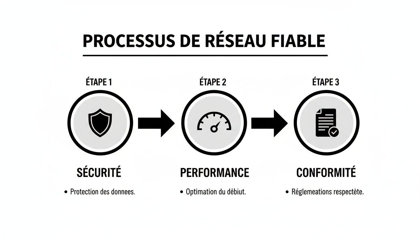 Infographie du processus de réseau fiable en trois étapes : sécurité, performance et conformité.