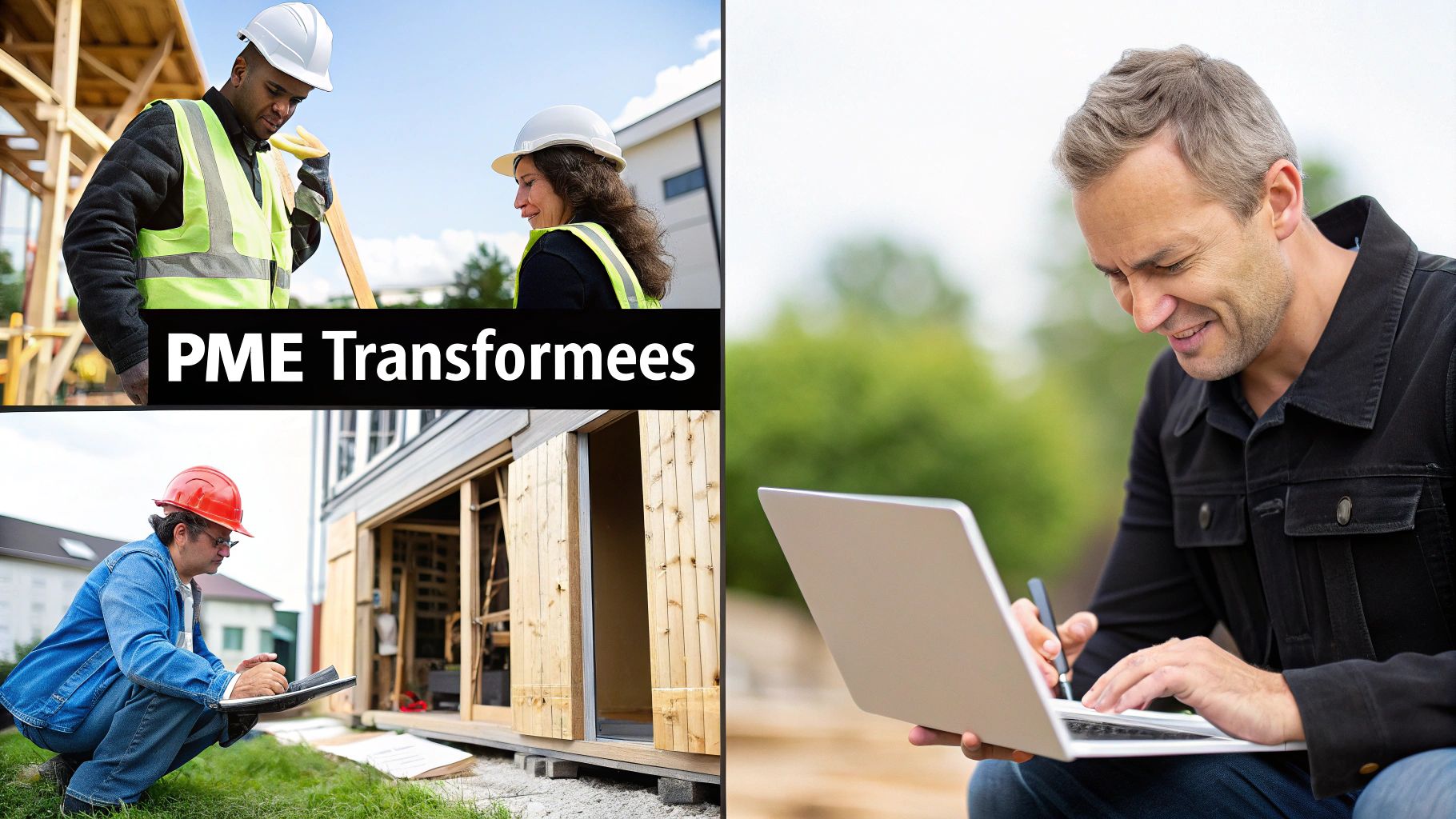 Des professionnels de la construction et un homme utilisant un ordinateur portable, symbolisant la transformation numérique des PME.