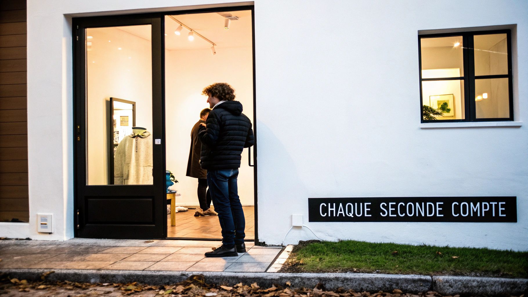 Façade d'un bâtiment moderne avec porte vitrée, un homme entrant et un panneau "CHAQUE SECONDE COMPTE".