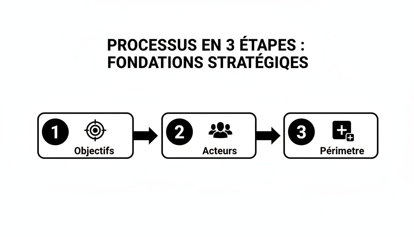 Diagramme d'un processus en 3 étapes : Objectifs, Acteurs et Périmètre pour les fondations stratégiques.