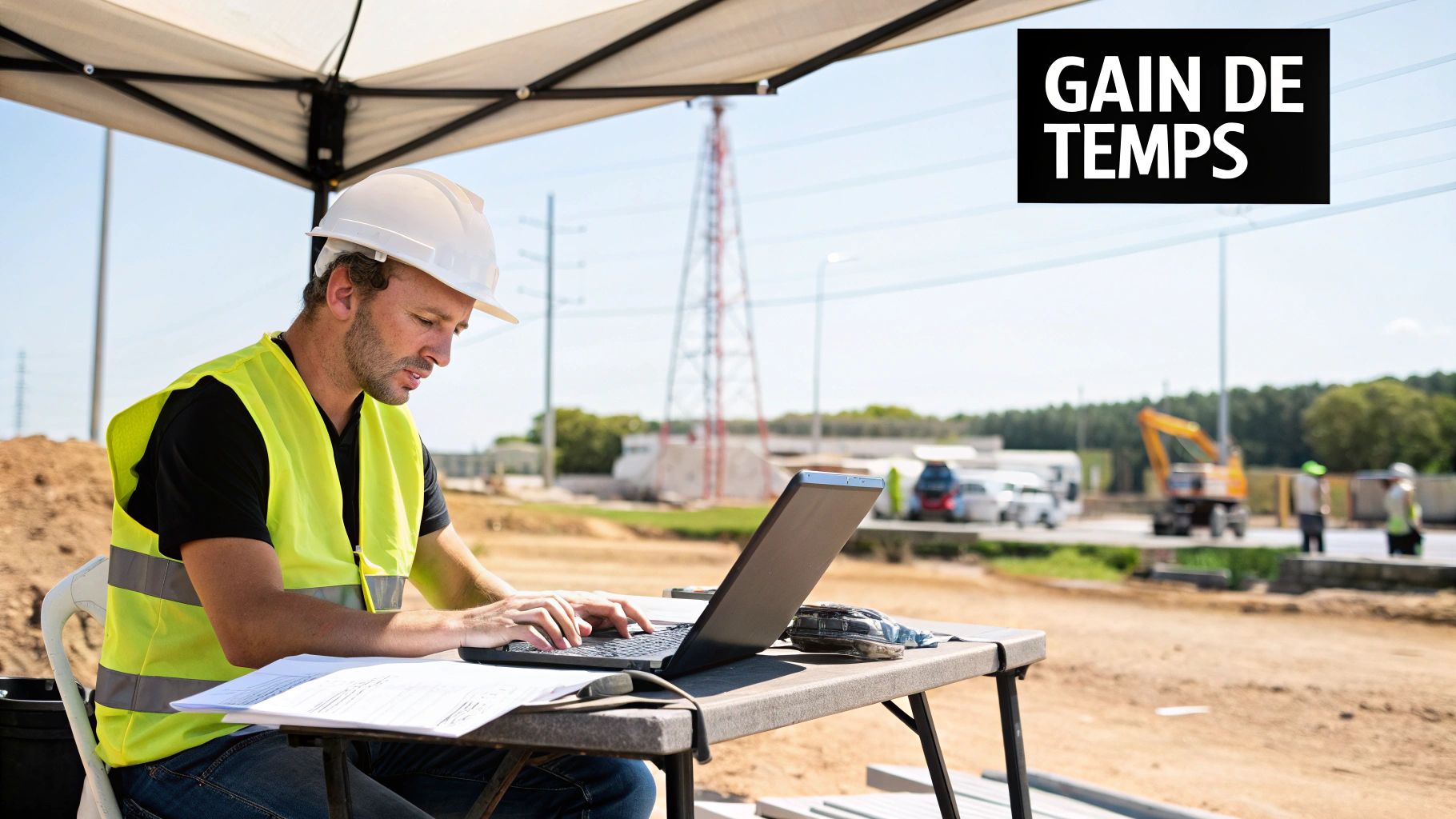 Un artisan utilisant une tablette sur un chantier pour gérer sa facturation