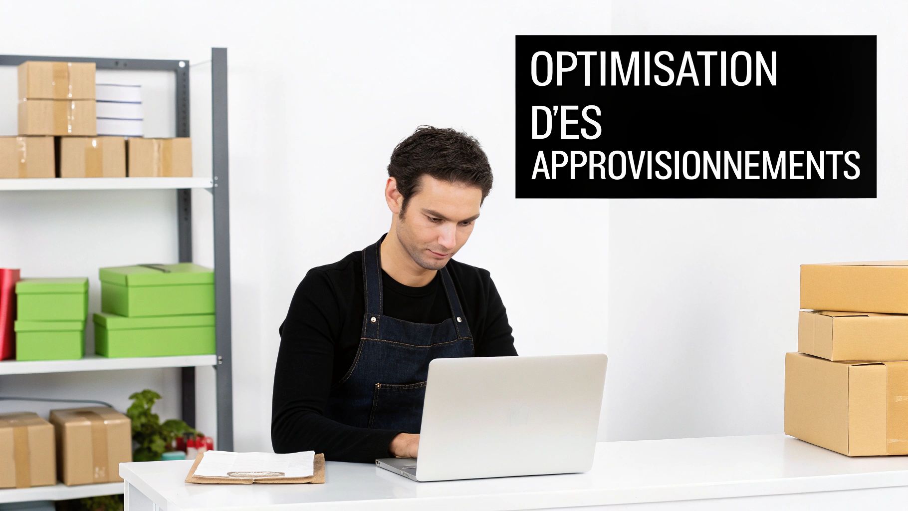 Un homme en tablier utilise un ordinateur portable dans un entrepôt ou un bureau de logistique, entouré de boîtes et d'étagères, avec le titre "Optimisation des Approvisionnements".