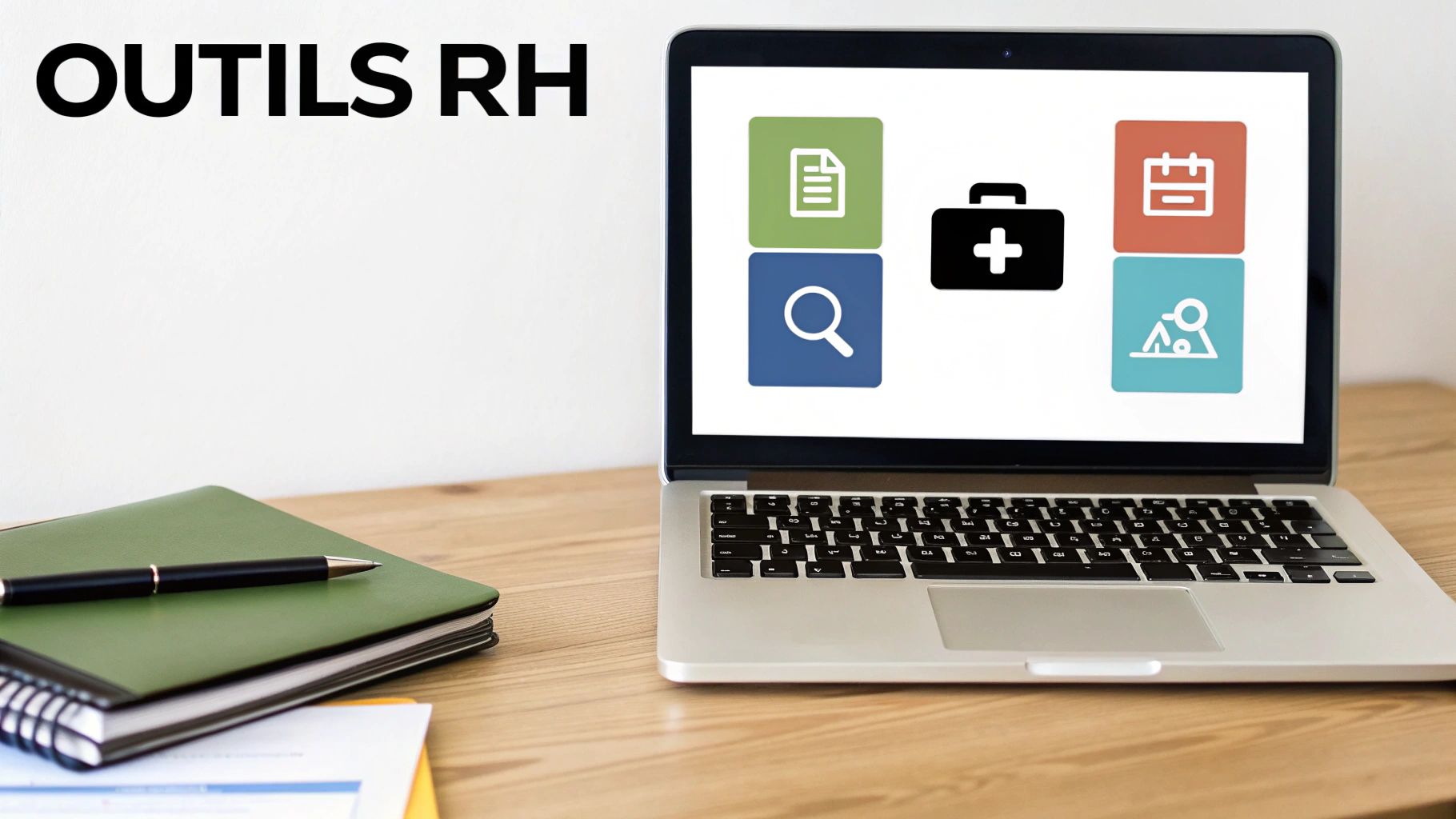 Outils RH affichés sur un ordinateur portable, avec un carnet et un stylo sur un bureau en bois.