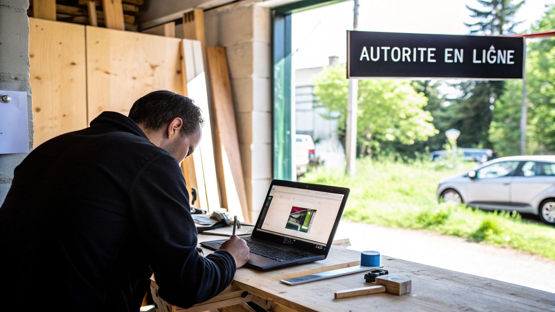 Un homme travaille sur un ordinateur portable, entouré d'outils, dans un atelier lumineux, avec un panneau "AUTORITE EN LIGNE" visible.