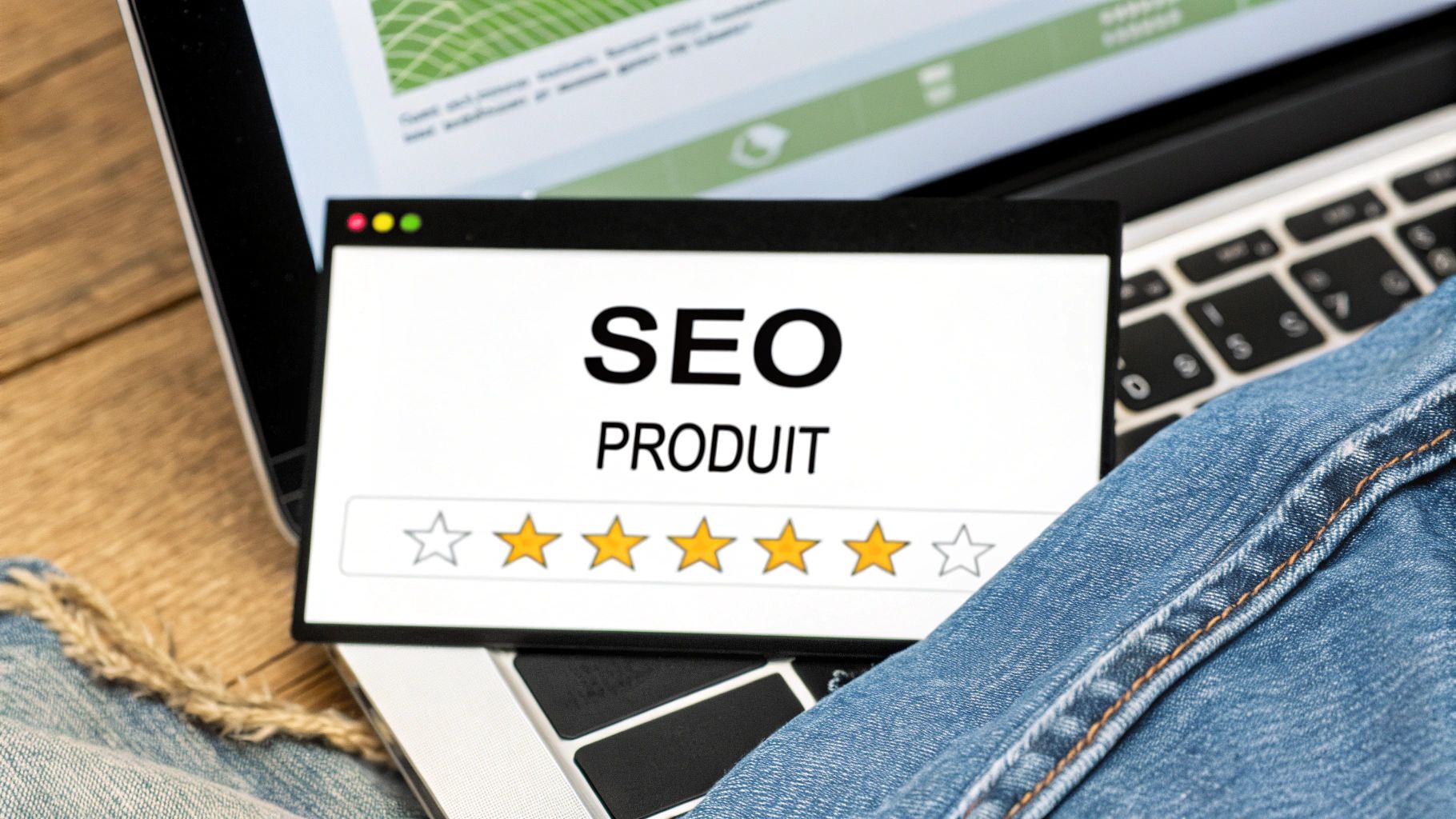 Une personne travaillant sur un ordinateur portable avec des graphiques SEO et des icônes de panier d'achat flottant autour, illustrant le SEO pour l'e-commerce.