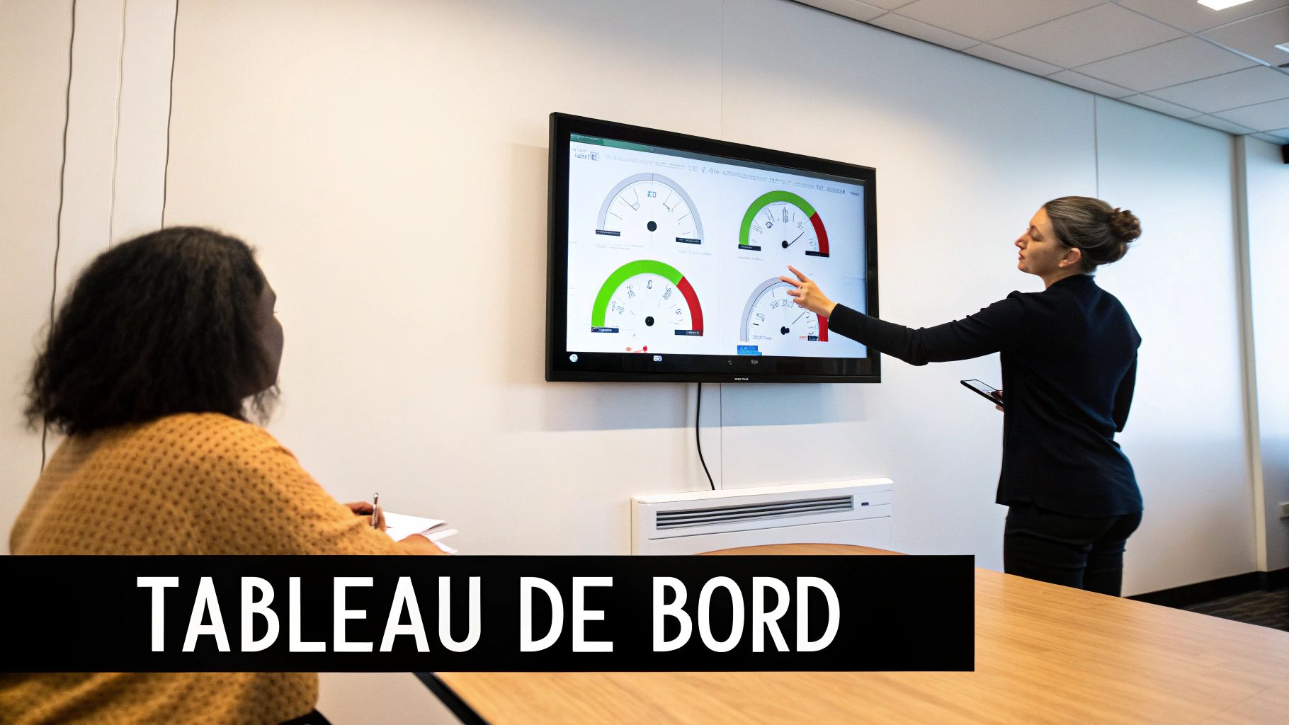Deux femmes en réunion, l'une présente un tableau de bord avec des indicateurs de performance, l'autre prend des notes.