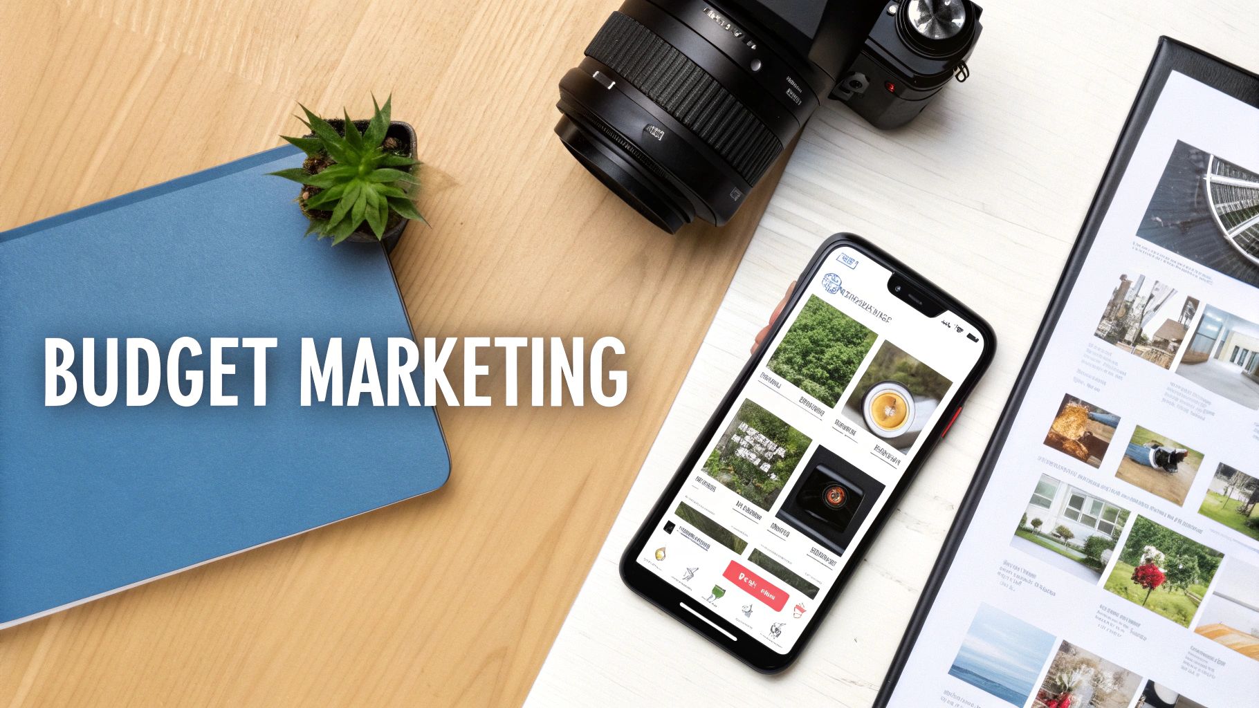 Image de bureau plat avec un cahier bleu affichant « BUDGET MARKETING », une plante, un appareil photo, un smartphone et des documents. Idéal pour la planification.