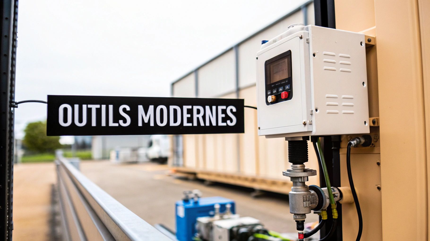 Panneau noir affichant "OUTILS MODERNES" près d'une unité de contrôle industrielle blanche avec écran et boutons.
