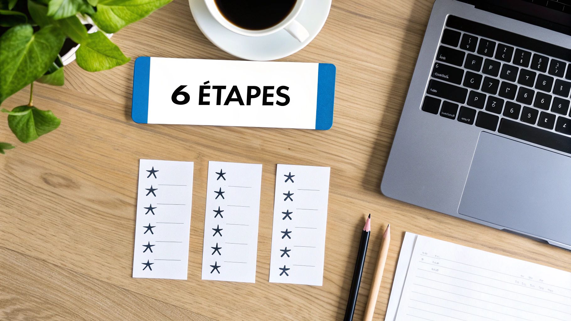 Bureau avec panneau '6 ÉTAPES', listes à étoiles, ordinateur portable, café et fournitures de bureau.