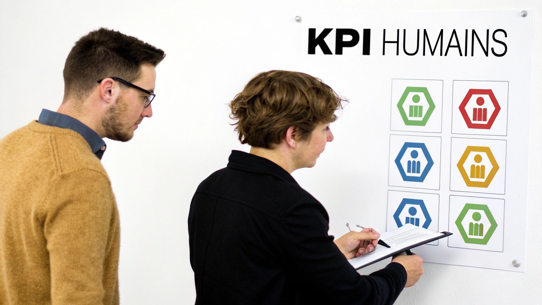 Deux personnes évaluent des indicateurs de performance humains (KPI) sur un tableau, l'une écrivant sur un presse-papiers.