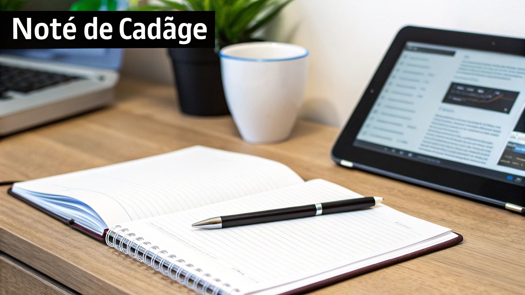 Espace de travail avec un cahier ouvert, un stylo, un ordinateur portable et une tablette sur un bureau en bois.