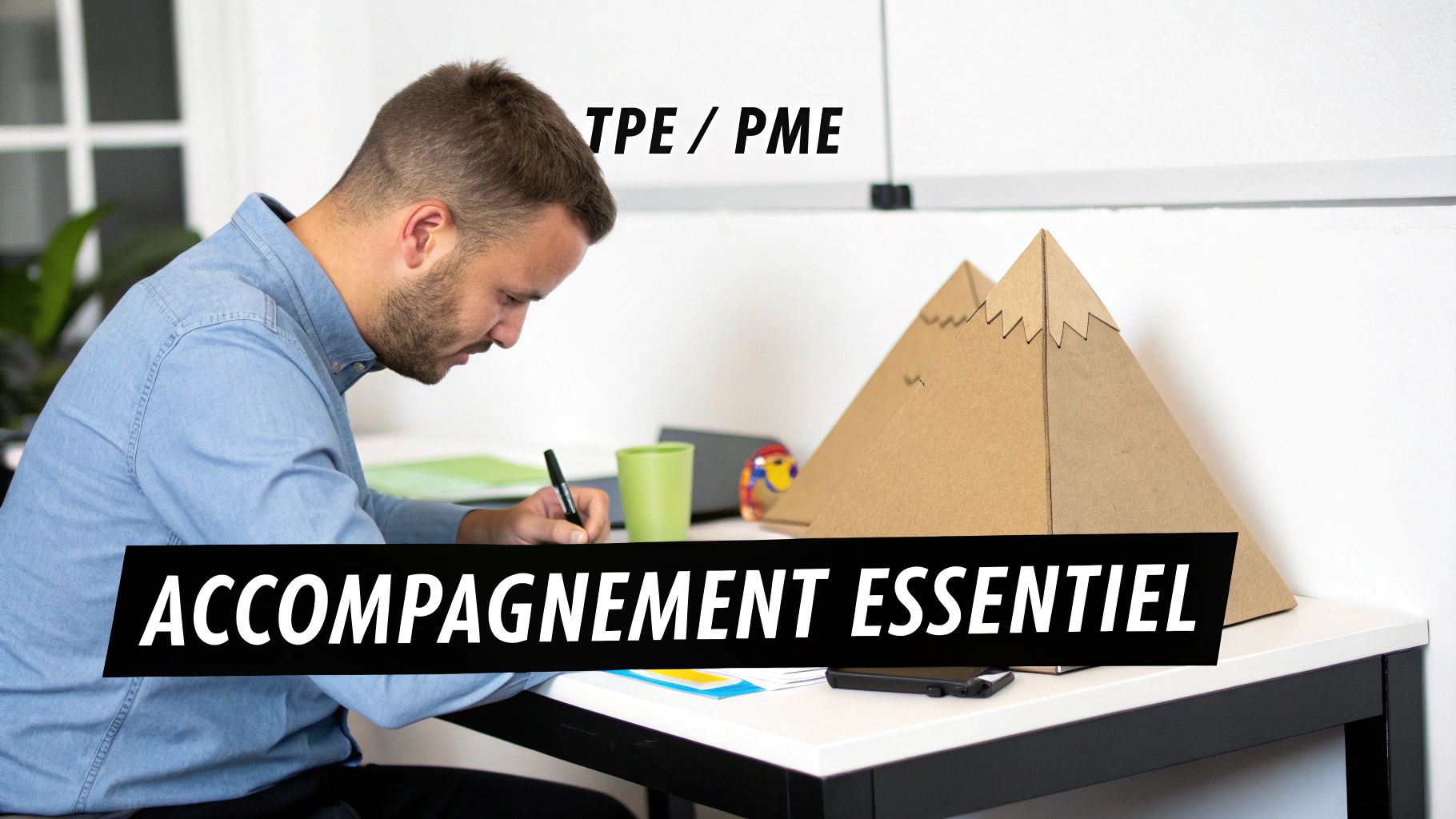 Un homme travaille à son bureau, avec des textes "TPE / PME" et "ACCOMPAGNEMENT ESSENTIEL", symbolisant le soutien aux entreprises.