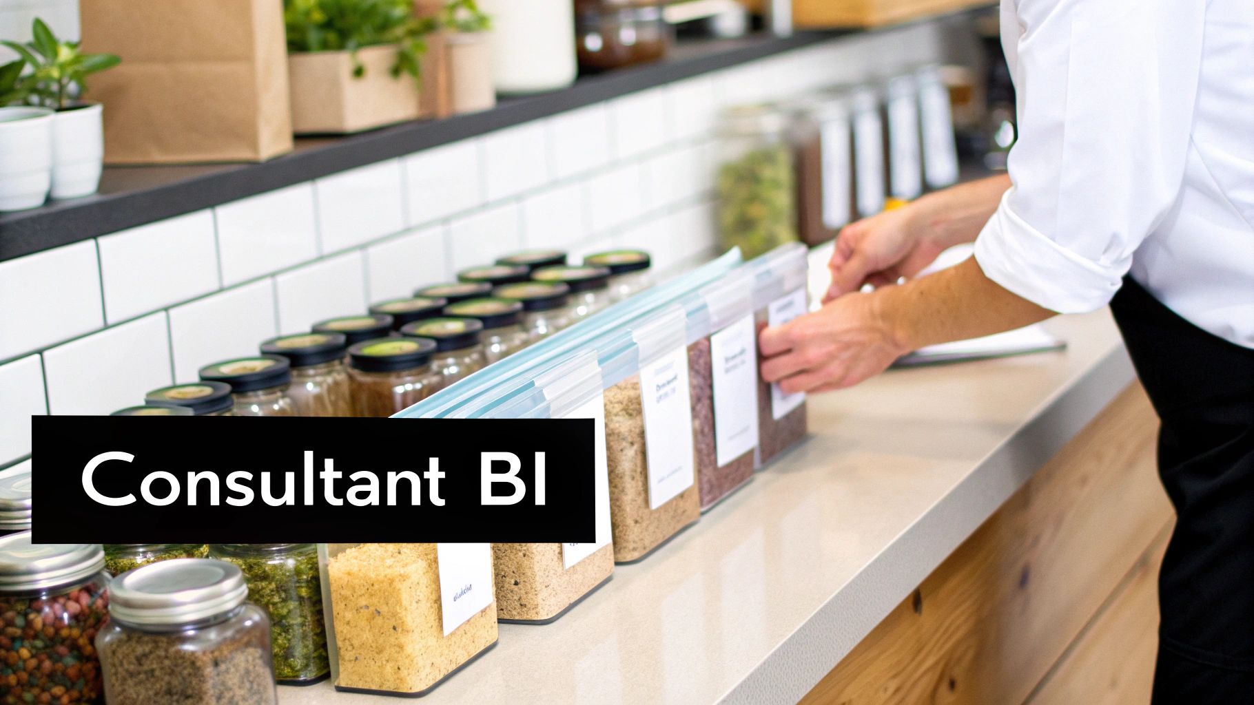 Personne organisant des épices et des ingrédients dans des contenants sur un comptoir de cuisine moderne.