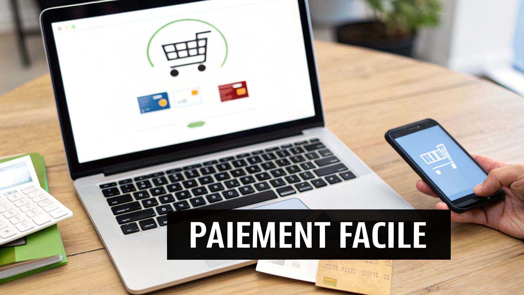 Un homme utilise un ordinateur portable et un smartphone pour des achats en ligne, affichant un panier et des options de paiement facile.