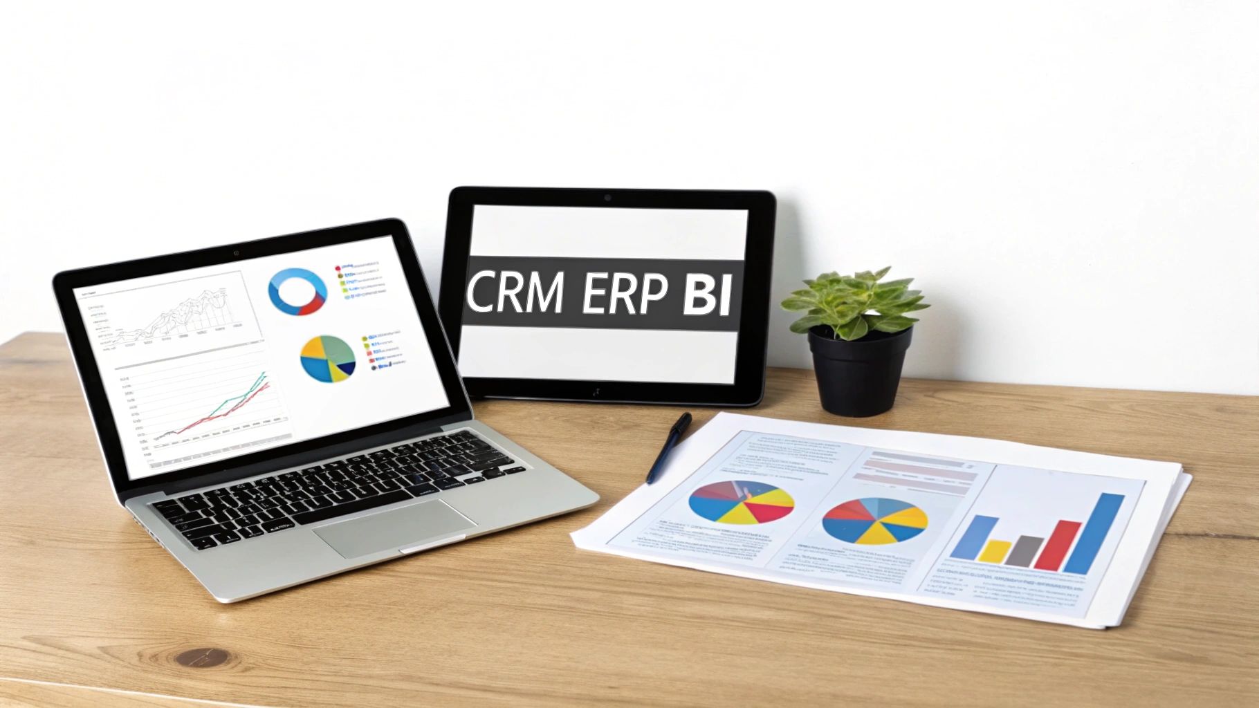 Ordinateur portable, tablette et documents avec graphiques sur un bureau en bois, représentant des outils d'analyse commerciale.