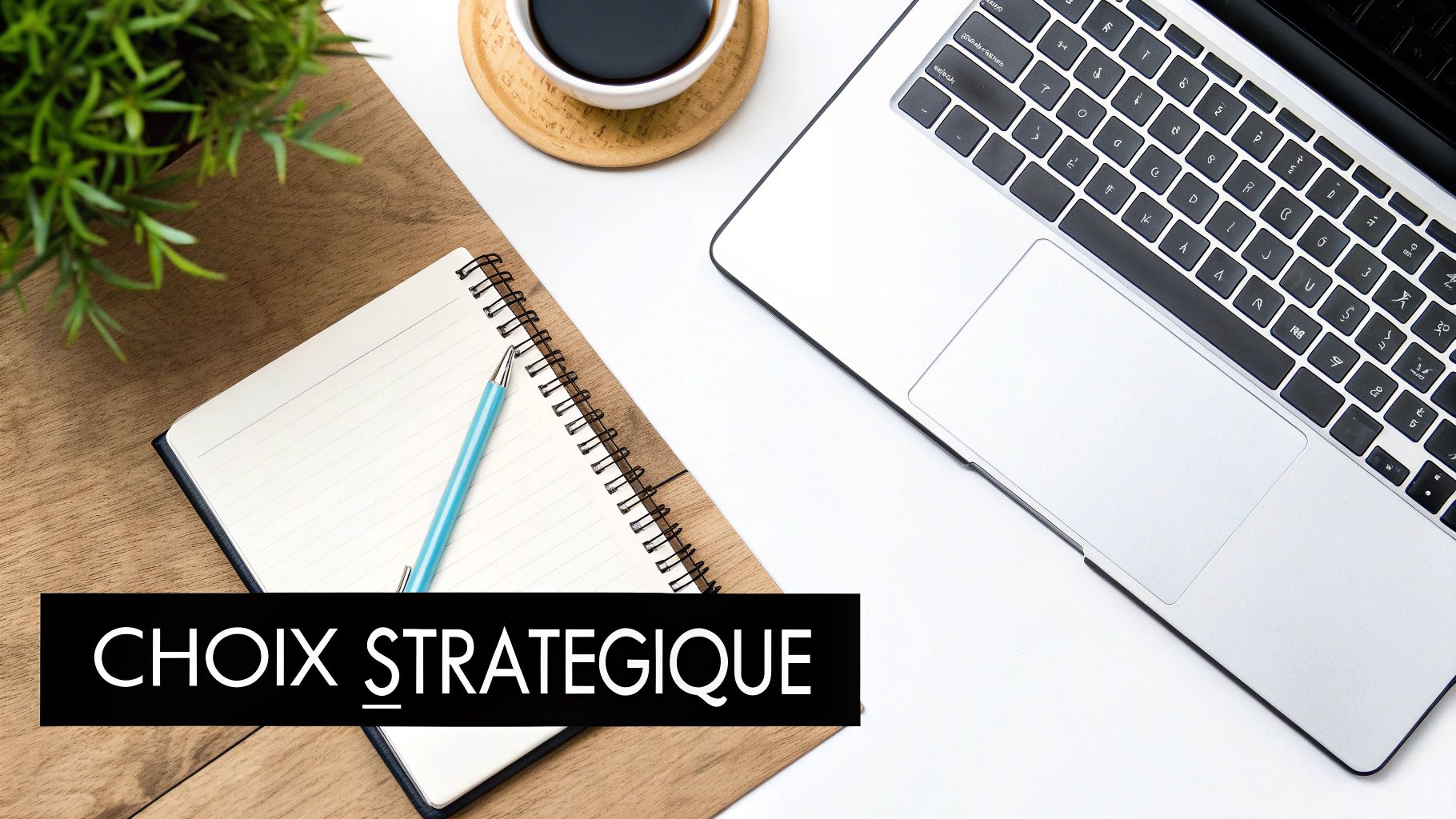 Vue de dessus d'un espace de travail moderne avec ordinateur portable, cahier, café et plante.