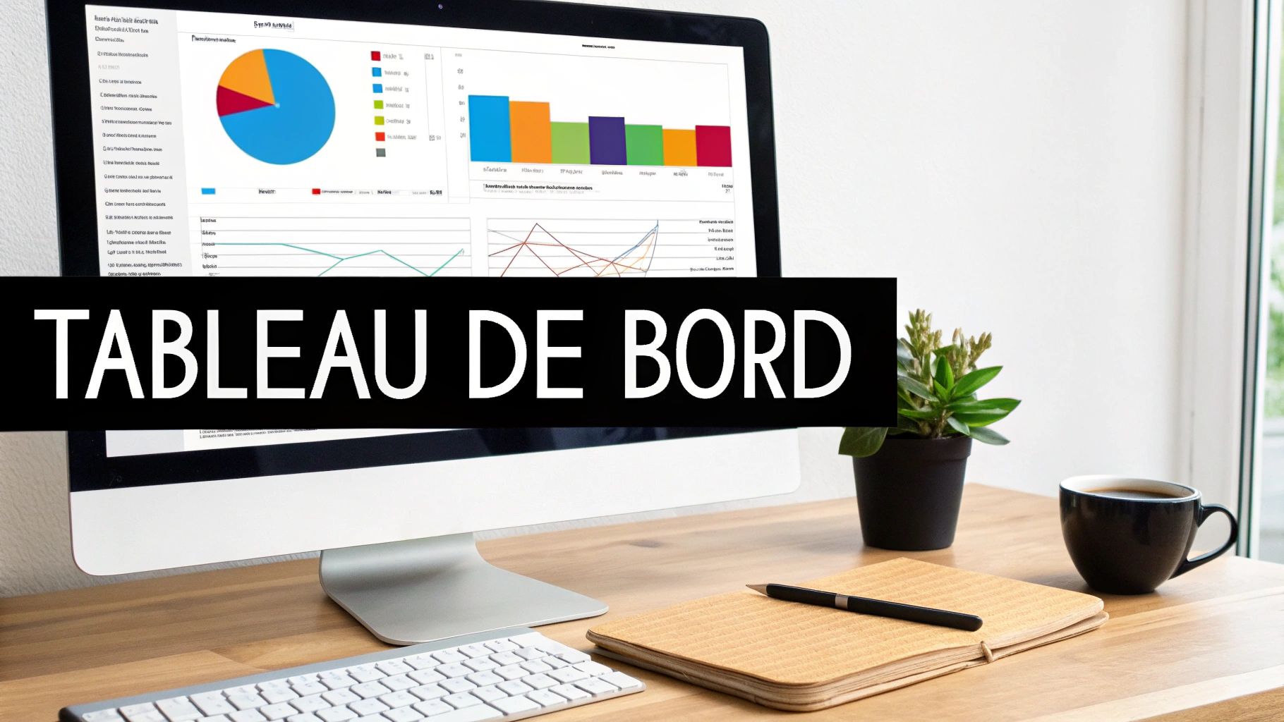 Tableau de bord sur écran d'ordinateur, avec graphiques et données, posé sur un bureau en bois avec café et carnet.