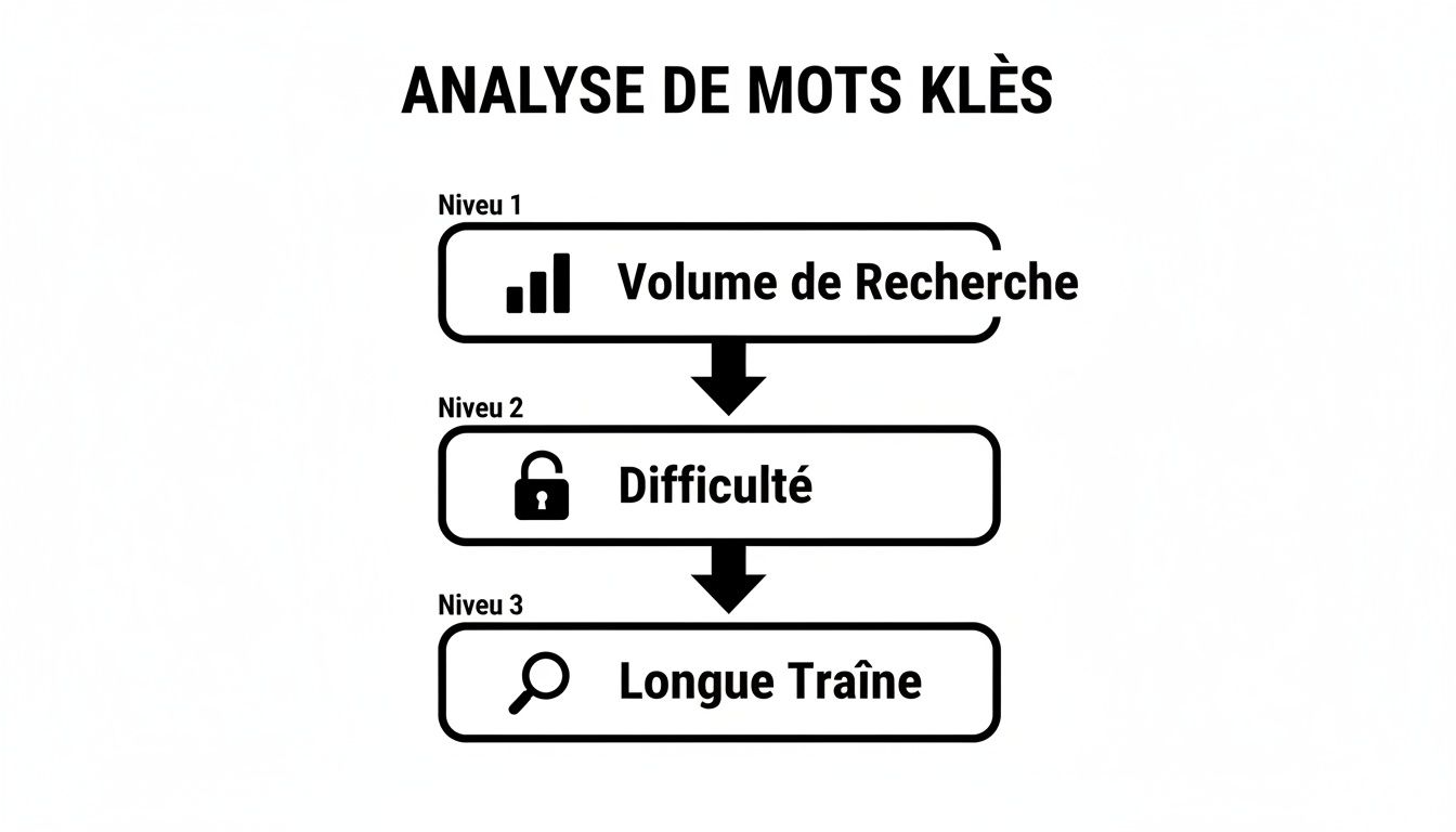 Infographie illustrant les étapes clés de l'analyse de mots clés: volume de recherche, difficulté et longue traîne.