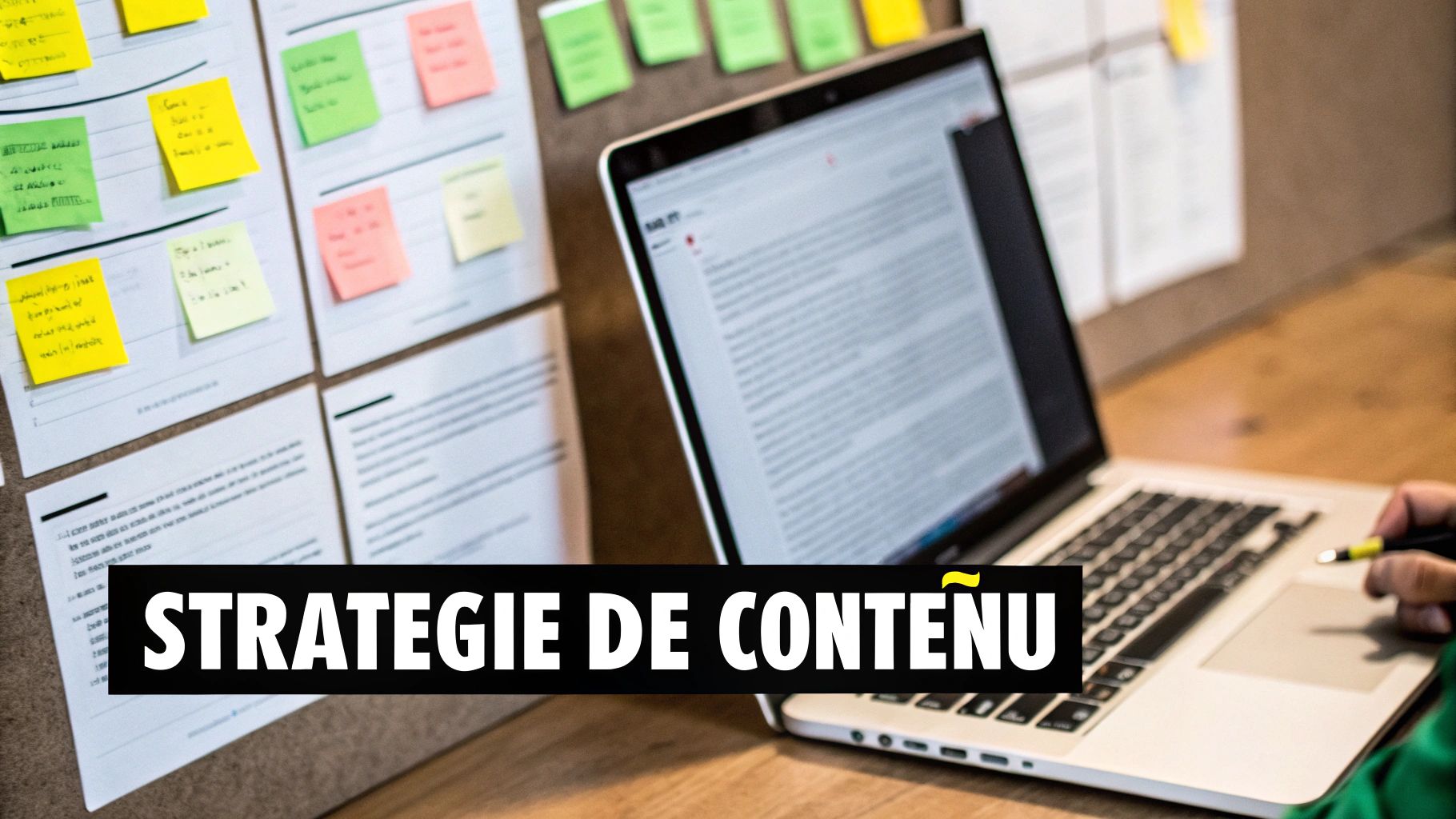 Un espace de travail avec un ordinateur portable, des documents et des post-it, illustrant une stratégie de contenu.