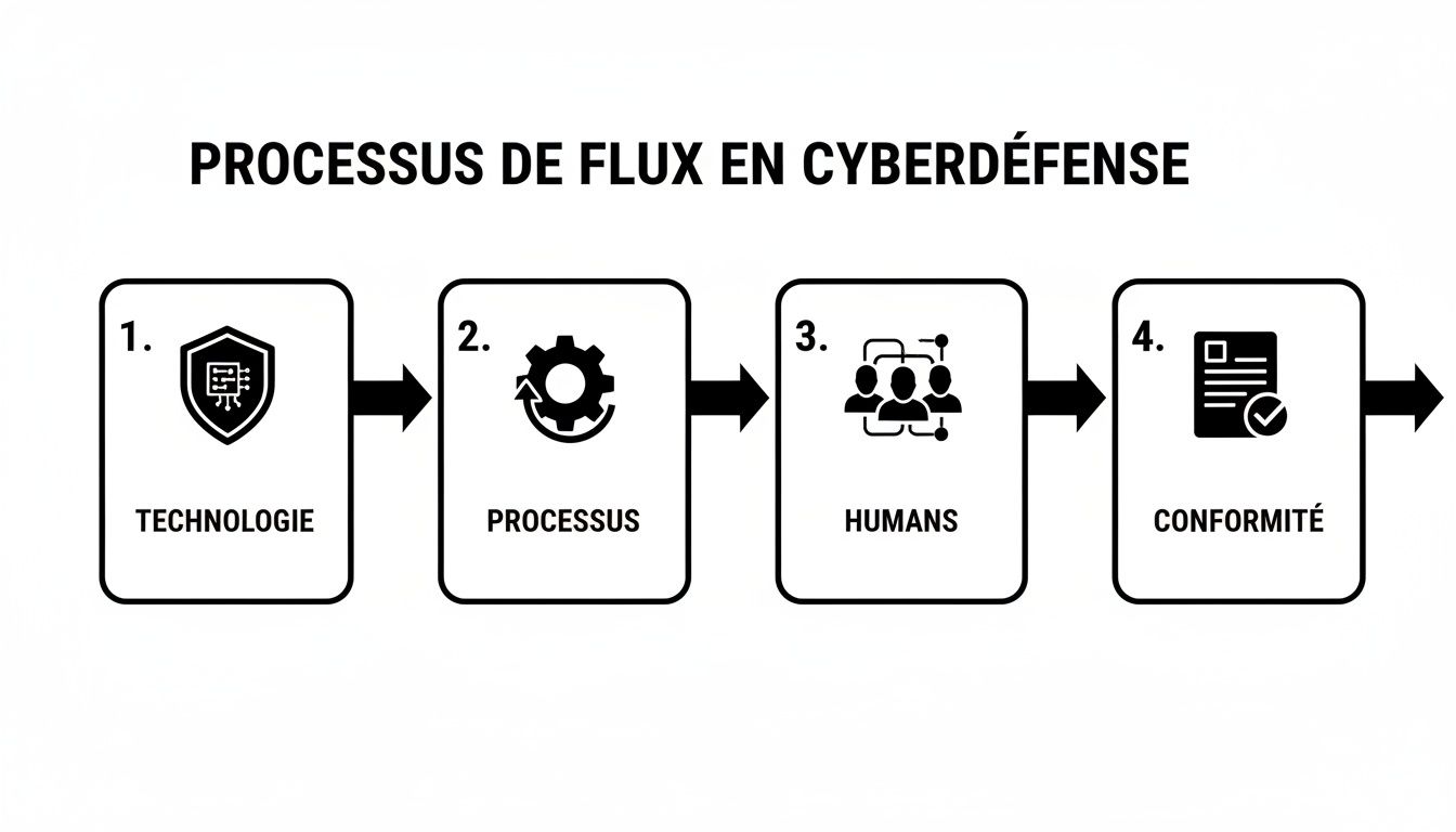 Diagramme de processus de cyberdéfense montrant la technologie, les processus, les humains et la conformité.