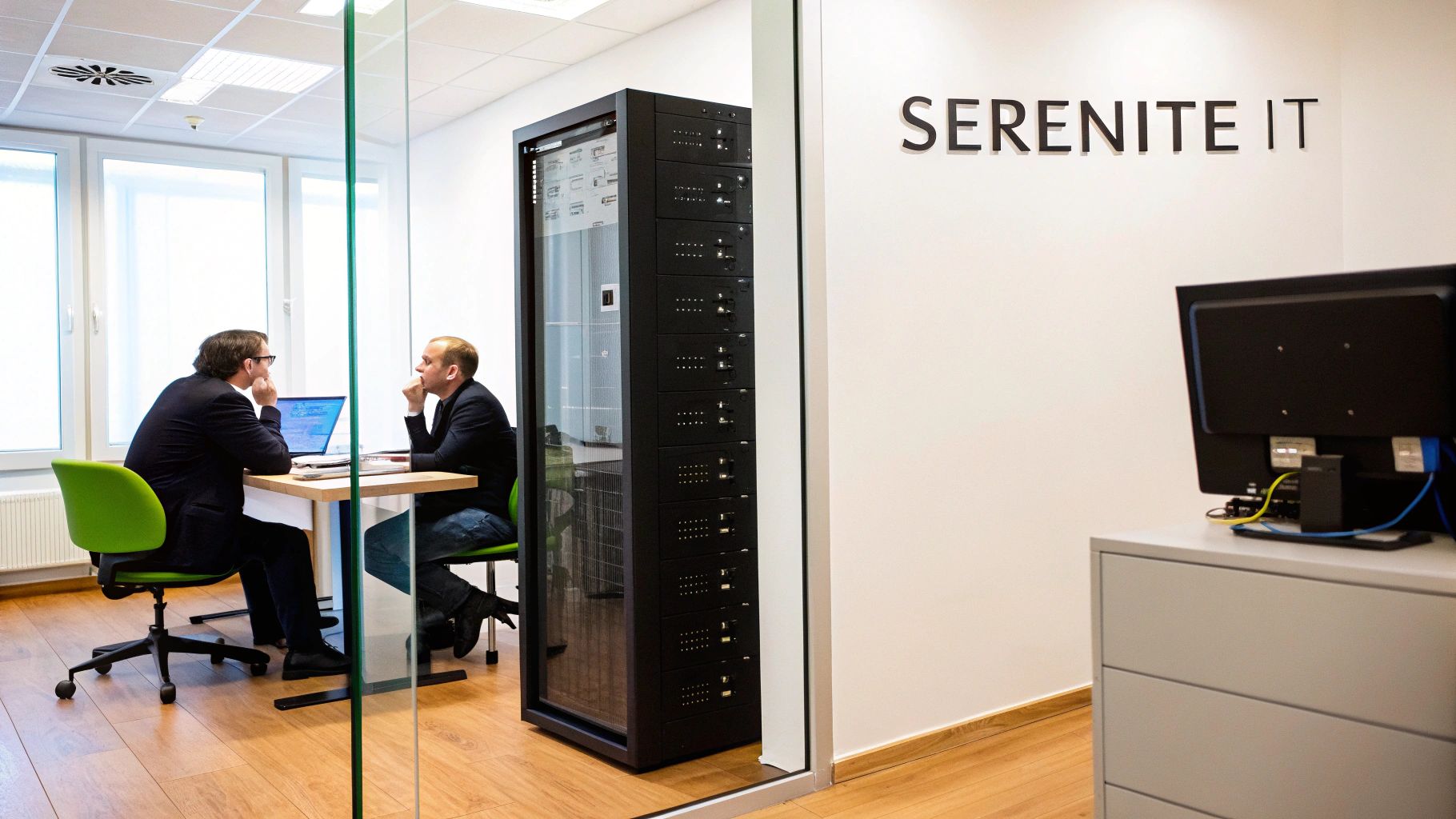 Deux hommes discutent dans un bureau moderne avec un rack de serveurs et le logo 'SERENITE IT'.