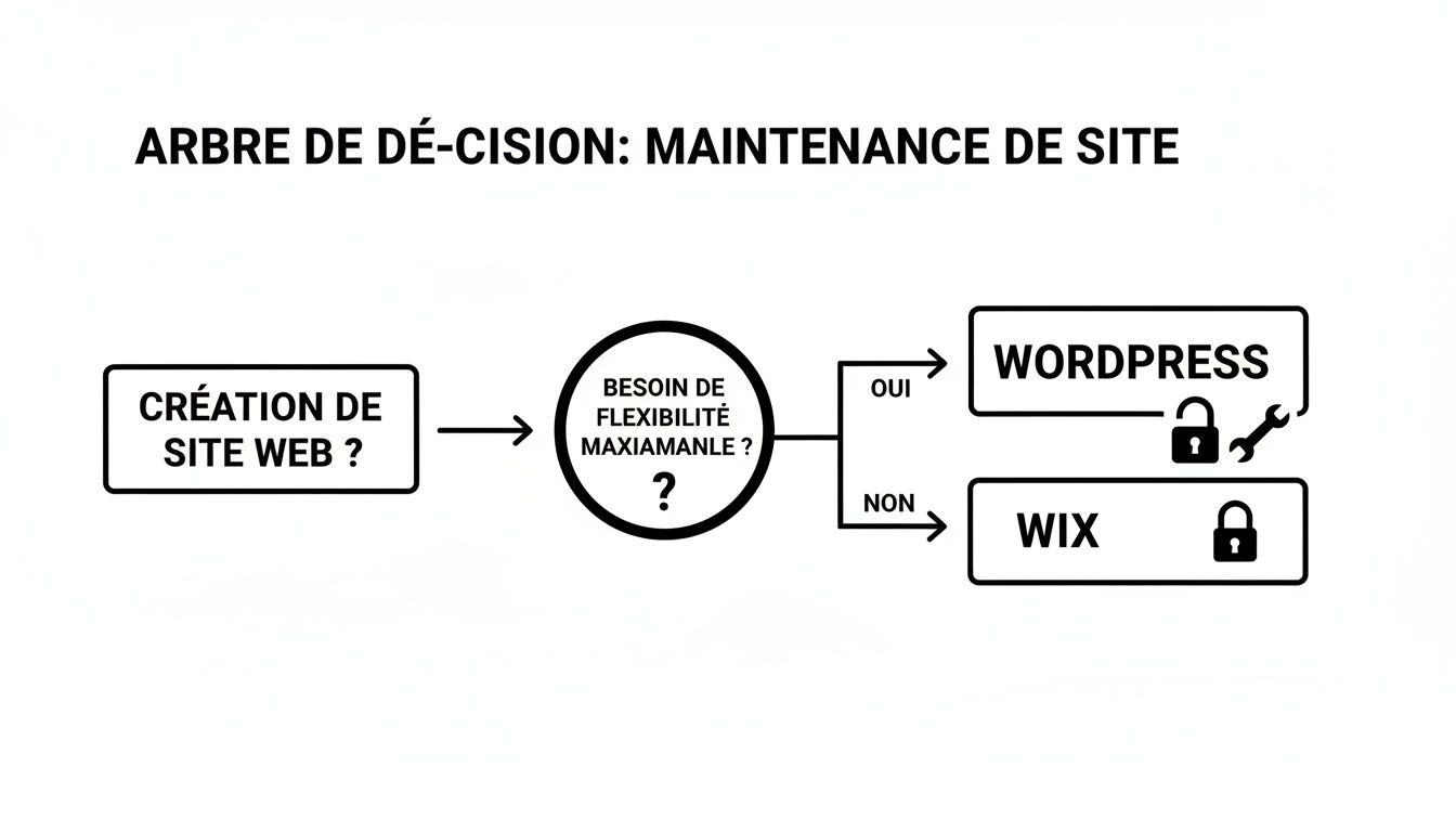 Diagramme de décision pour la création de site web : choisissez WordPress pour plus de flexibilité ou Wix pour la simplicité.