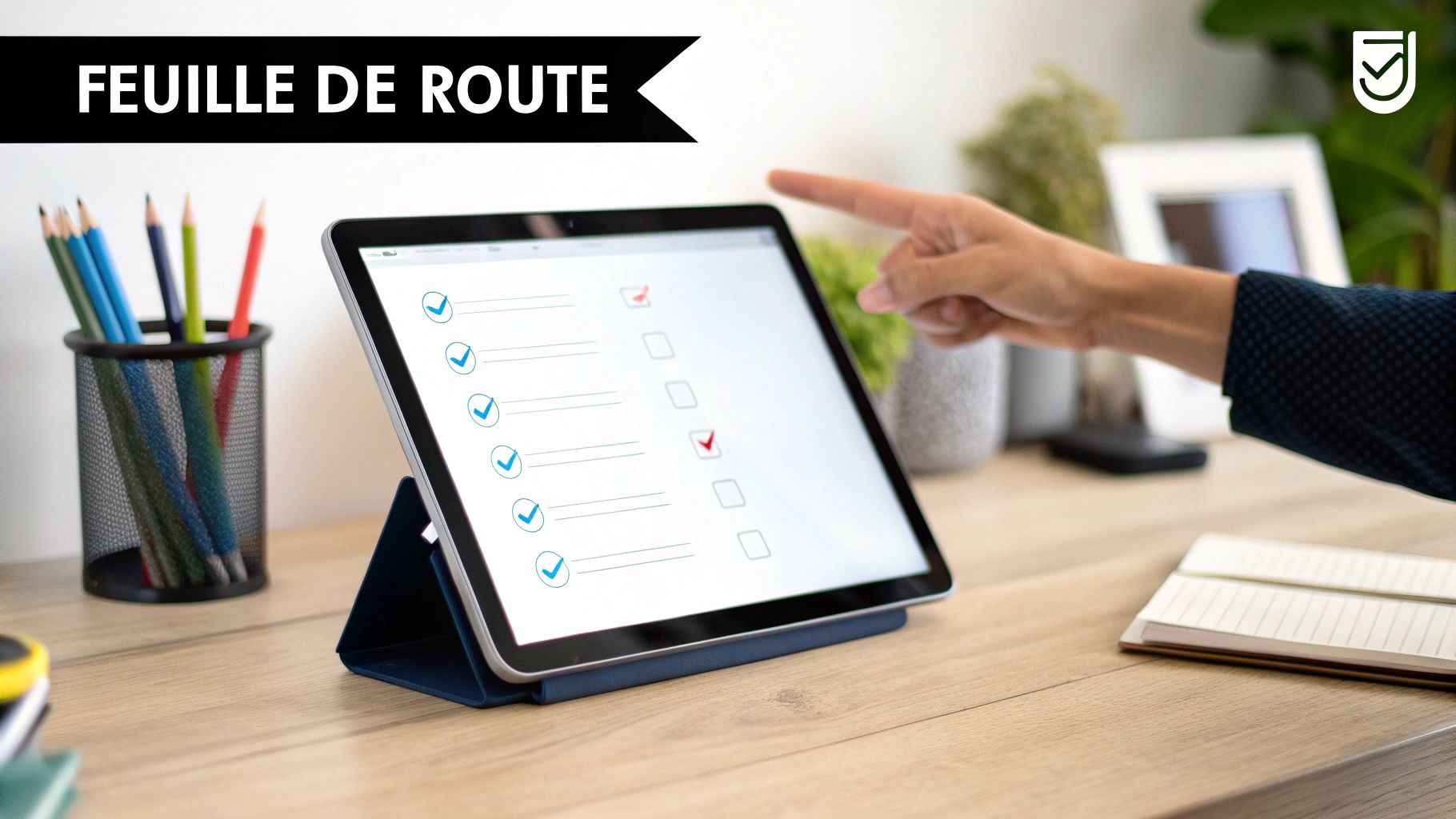 Une main pointe une tablette affichant une feuille de route numérique avec des cases cochées.