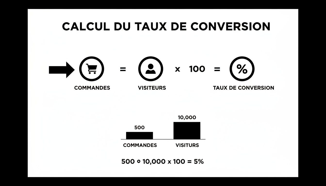 Infographie expliquant le calcul du taux de conversion en e-commerce avec une formule, des icônes et un exemple chiffré.