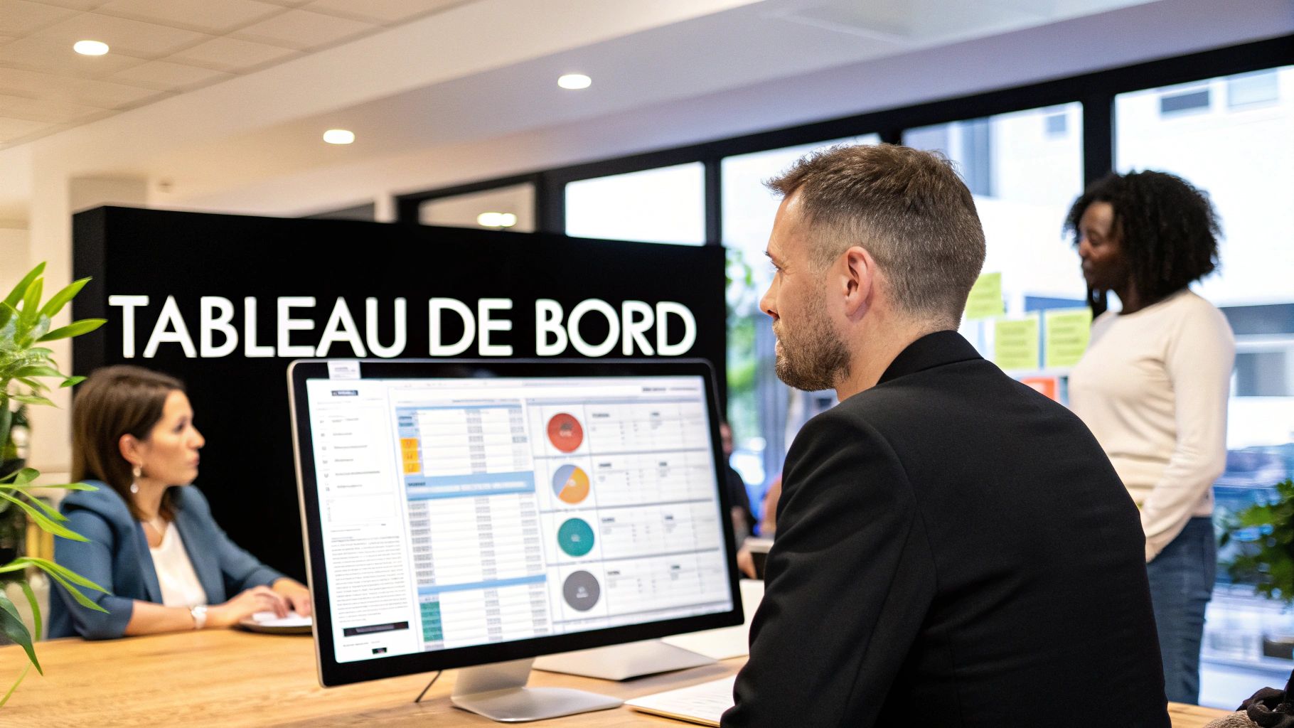 Un homme concentré devant un écran d'ordinateur affichant un tableau de bord analytique, avec des collègues en arrière-plan.
