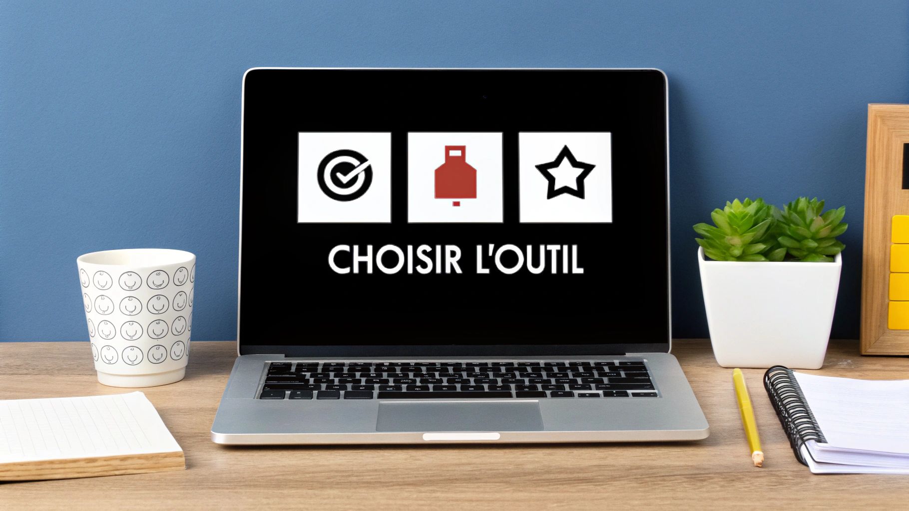 Ordinateur portable sur un bureau affichant les icônes d'un outil de cartographie des processus métier avec le texte 'CHOISIR L'OUTIL'.