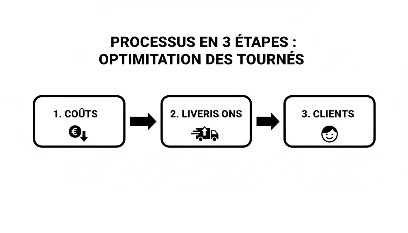 Infographie en 3 étapes illustrant l'optimisation des tournées: réduction des coûts, gestion logistique des livraisons et satisfaction client.
