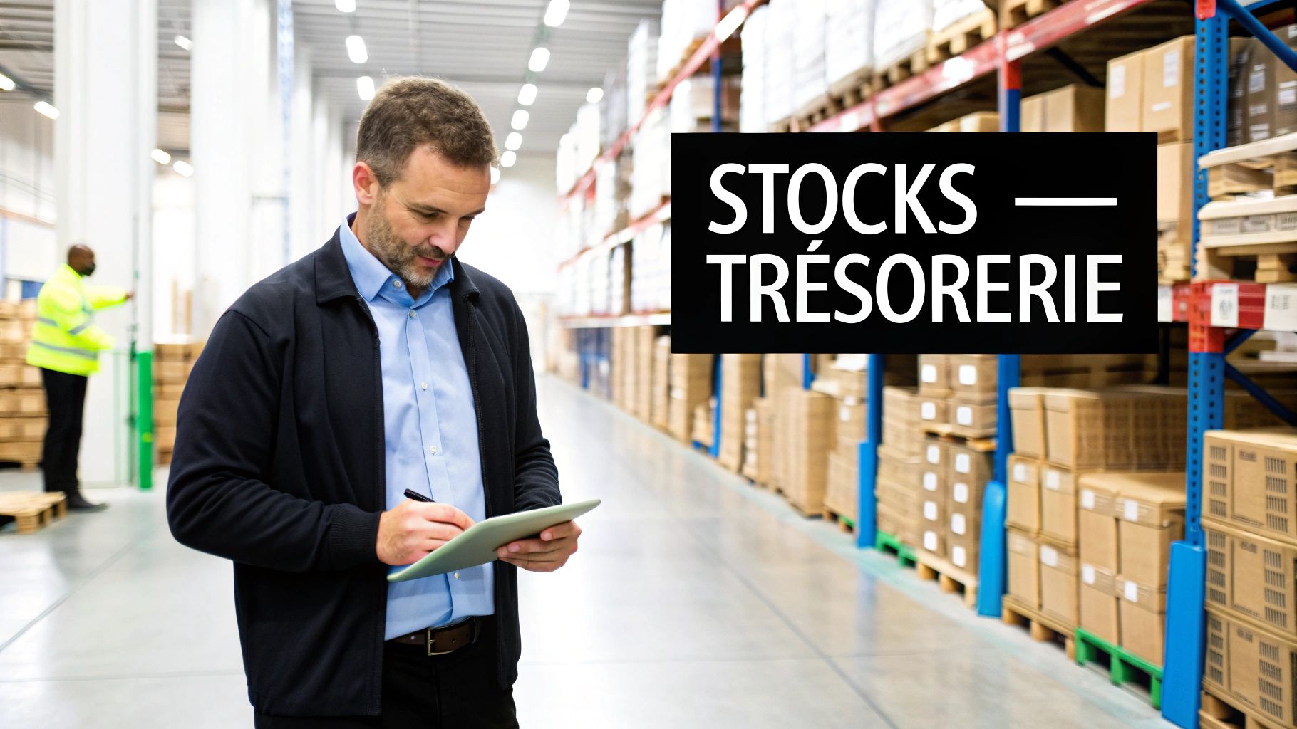 Un homme d'affaires utilise une tablette pour gérer les stocks et la trésorerie dans un entrepôt.
