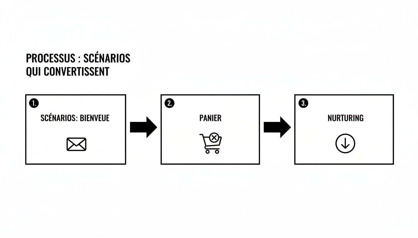 Diagramme de processus marketing illustrant trois scénarios clés pour la conversion client : bienvenue, abandon de panier et nurturing.