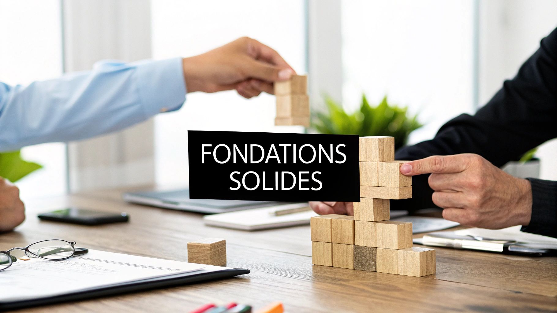 Deux personnes construisent une structure de blocs en bois. Le texte indique "FONDATIONS SOLIDES", symbolisant la collaboration et la stratégie d'entreprise.