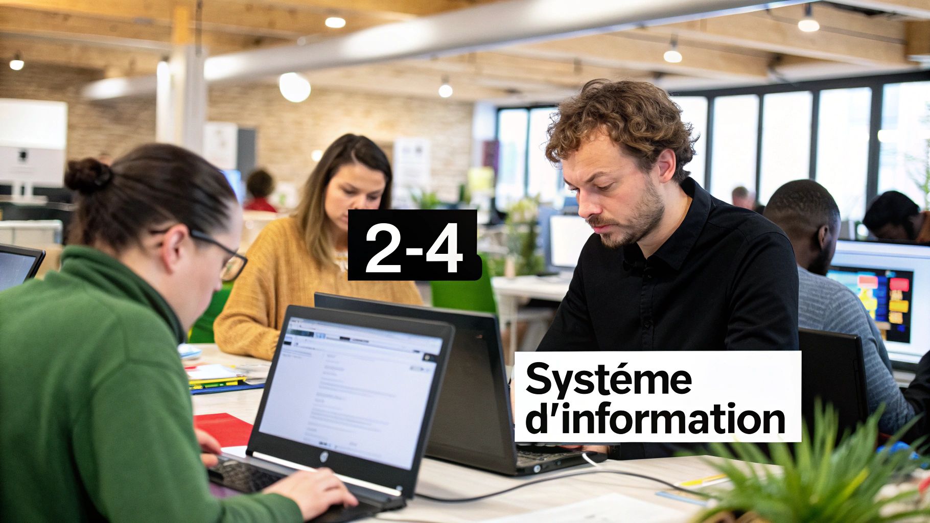 Des employés concentrés travaillent sur des ordinateurs portables dans un bureau moderne et lumineux.