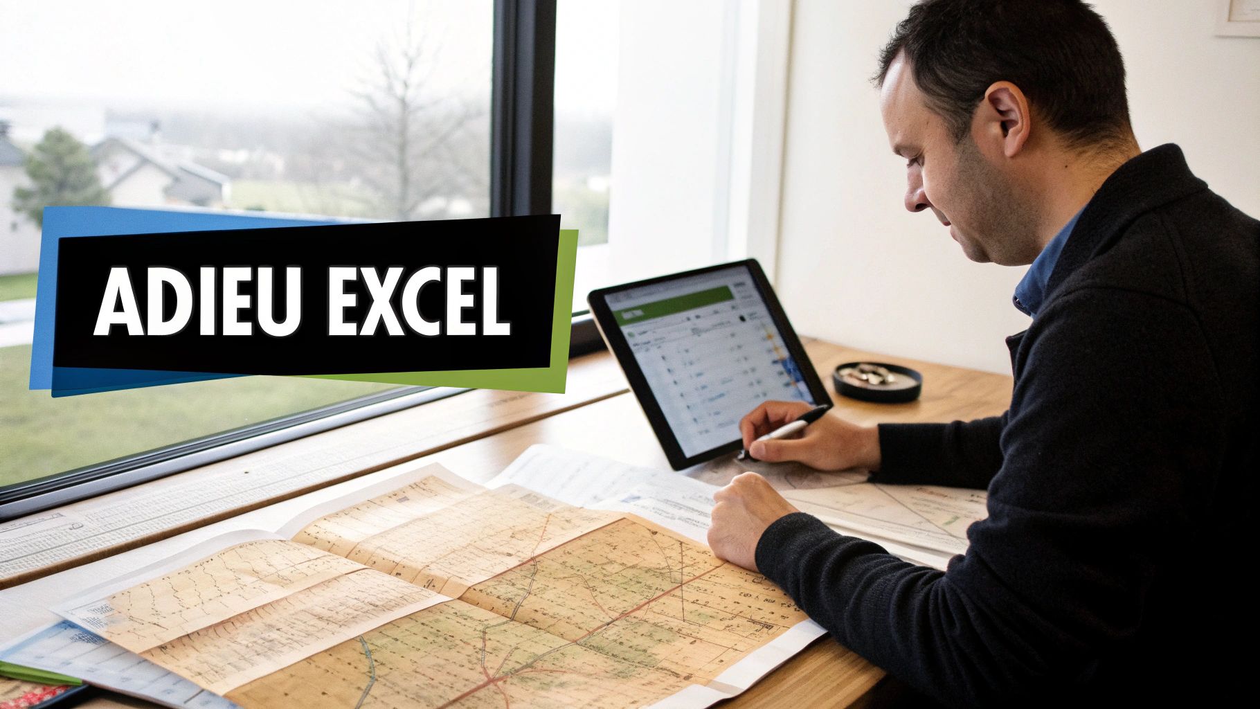 Homme travaillant avec une tablette et des cartes sur un bureau, avec le texte 'ADIEU EXCEL'.