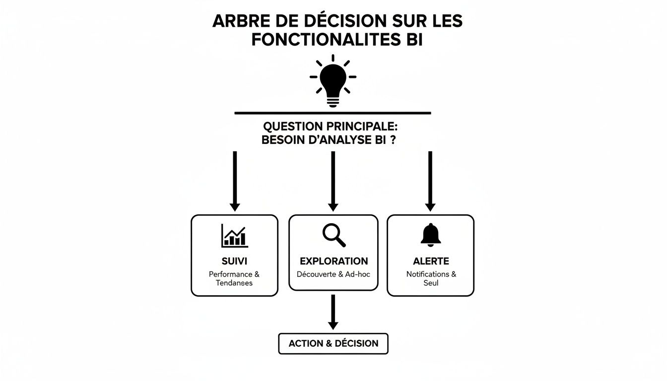 Un arbre de décision sur les fonctionnalités de Business Intelligence, détaillant les options de suivi, exploration et alerte.