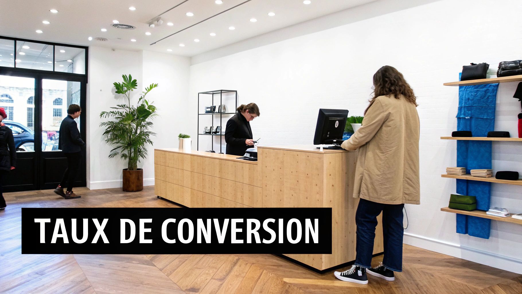 Intérieur de magasin moderne avec des clients au comptoir de caisse en bois et des produits exposés.