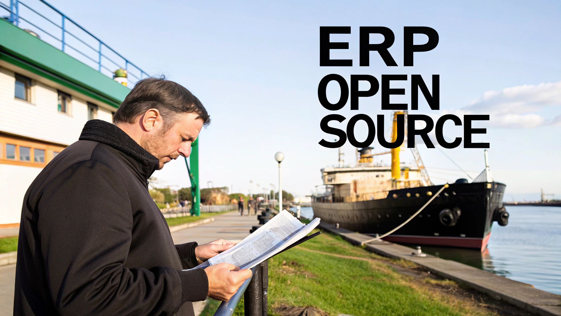 Un homme lit des documents en extérieur près d'un bateau, avec le texte ERP OPEN SOURCE superposé sur l'image.