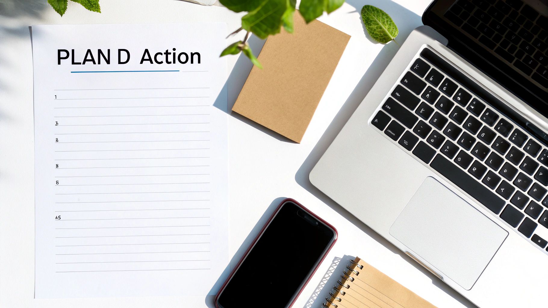 Vue de dessus d'un espace de travail avec un document 'PLAN D Action', un ordinateur portable, un smartphone et des fournitures.