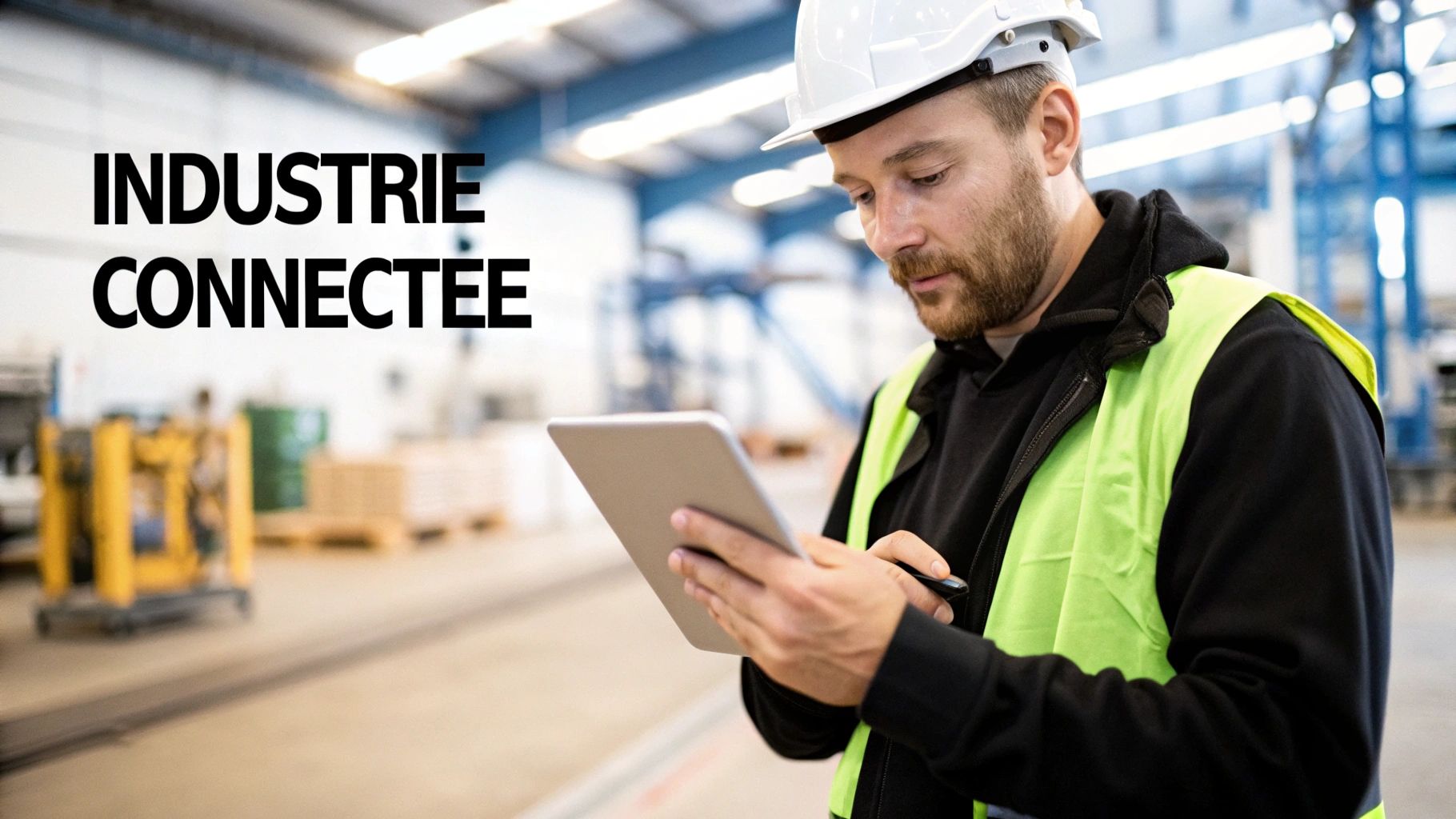 Un ingénieur en casque et gilet de sécurité utilise une tablette dans une usine. Le texte « INDUSTRIE CONNECTÉE » est visible.