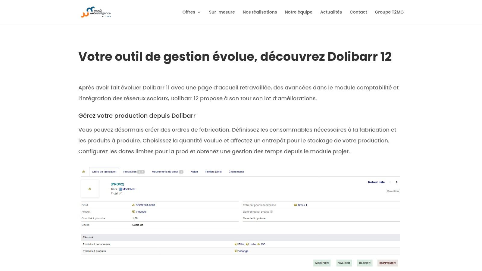 Interface de gestion de Dolibarr, montrant des graphiques et des modules